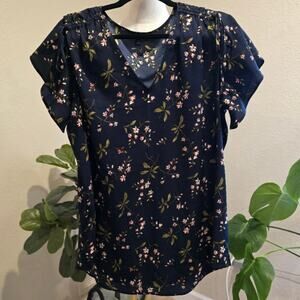 Ann Taylor Blouse L Navy Floral V-Neck Flutter Sleeve Drawstring Tie Shoulder